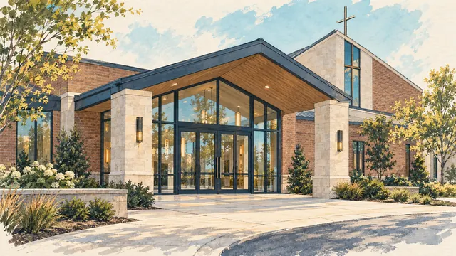 Illustrated modern church entrance with glass doors, stone columns, brick walls and a cross above the roofline
