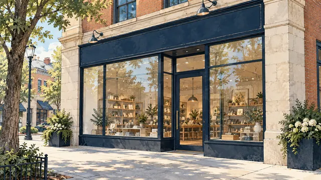 Illustrated street-facing storefront with tall glass display windows, a central glass door and a navy signboard